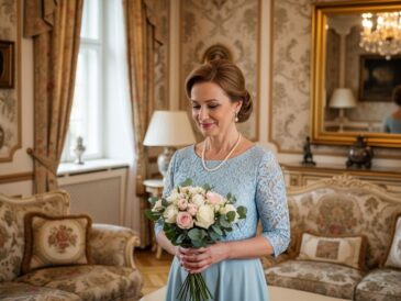 Elegantná stredná žena v obývačke drží kyticu kvetov pred dcérinou svadbou, jemné svetlo, reálne textúry