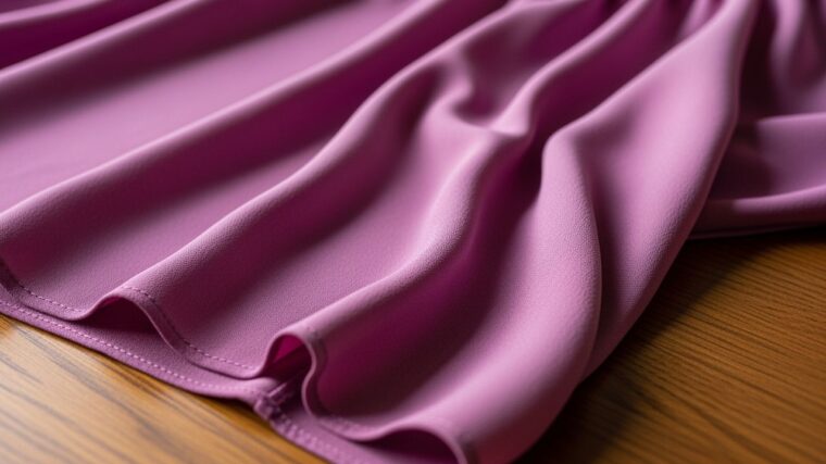 Detail mäkkej viskózovej látky na farebnej blúzke ležiacej na drevenom stole s viditeľnou textúrou.