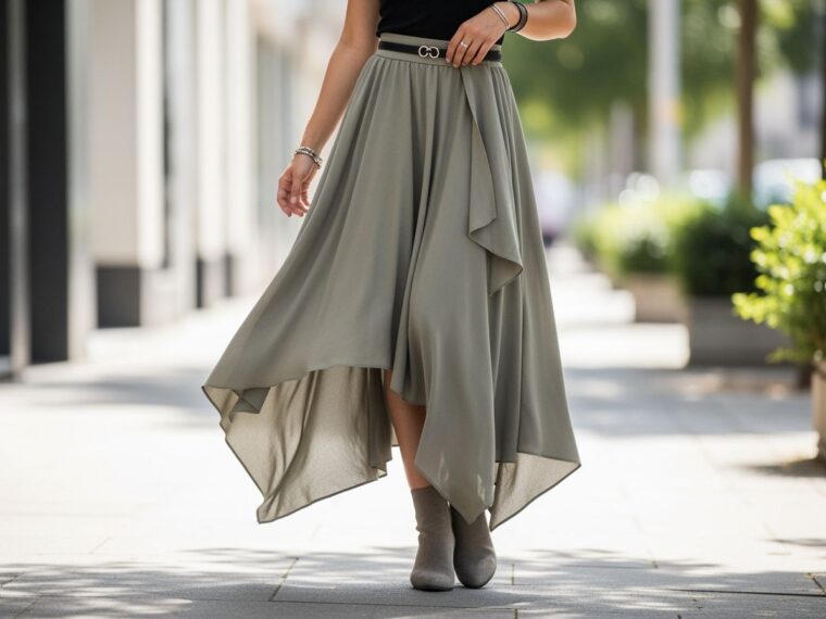 Mladá žena v asymetrickej sukni a módnych členkových topánkach na ulici s neutrálnym pozadím.