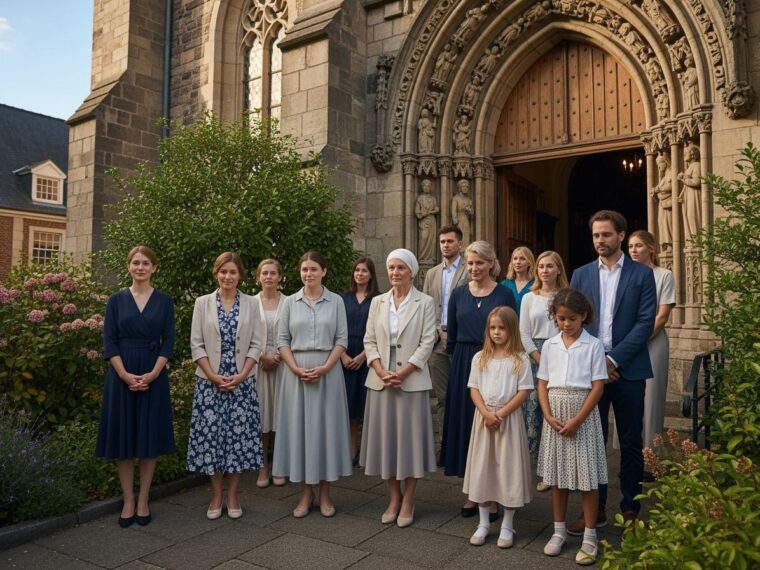 Skupina ľudí v slušnom oblečení pri vchode do tradičného európskeho kostola s kvetmi a zeleňou.
