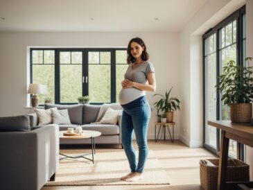 Tehotná žena v tesných tehotenských džínsach stojí v moderne zariadenej obývačke s prirodzeným svetlom