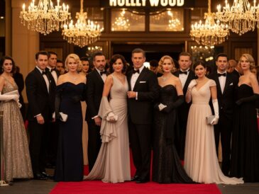 Hollywoodska párty s ľuďmi v večerných šatách a oblekoch pred klasickým kinom pod lustrom.