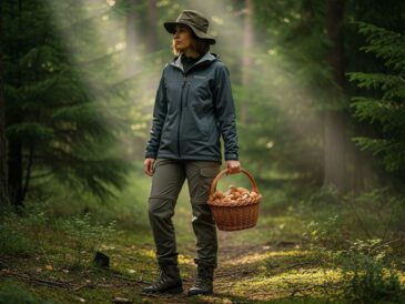 Osoba v lese so špeciálnym oblečením drží košík plný čerstvých húb.