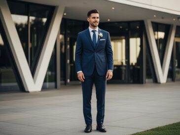muž v tmavomodrom obleku stojaci pred svadobným miestom s modernou architektúrou