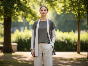 štíhla žena v minimalistickom oblečení stojaca v parku pri dennom svetle