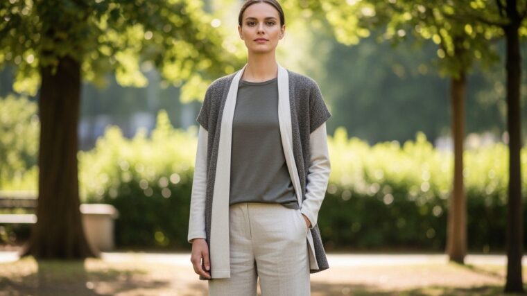 štíhla žena v minimalistickom oblečení stojaca v parku pri dennom svetle