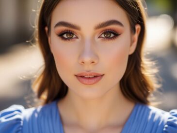 Mladá žena s prirodzeným líčením v modrých šatách v prírodnom svetle vonku.