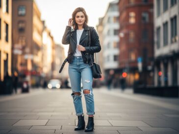 Mladá žena v čiernej koženej bunde, bielom tričku a rifle na mestskom ulici pri zlatom svetle.