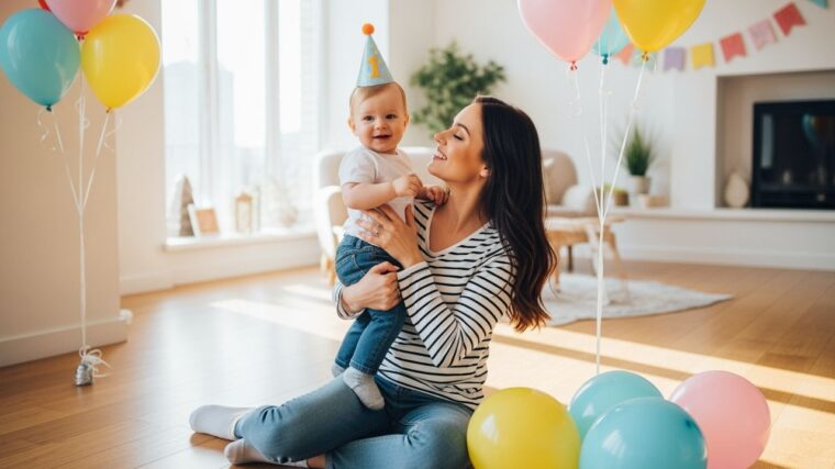 Usmievajúca sa matka drží svojej bábätko s narodeninovou čiapkou obklopené balónmi v útulnom dome.
