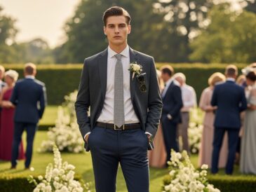 Mladý muž v elegantnom oblečení na vonkajšej svadbe v záhrade s hosťami v pozadí počas zlatej hodiny