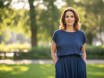 Elegantná žena v pohodlných šatách stojaca vonku v parku za mäkkého denného svetla.