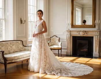 nevesta v čipkových šatách so vzorom kvetov v osvetlenej vintage miestnosti, zachytená prirodzeným svetlom