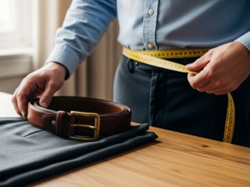 Muž meria pás krajčírskou páskou pri koženom opasku a nohaviciach na drevenom stole.