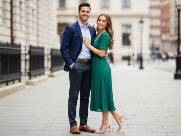 Mladý muž a žena v polozávodnom oblečení pózujú na mestskom pozadí pri dennom svetle.