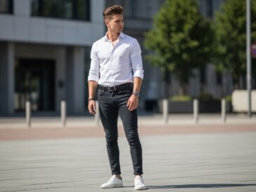 Mladý muž v bielom tričku a tmavých džínsoch stojí vonku v mestskom prostredí počas dňa