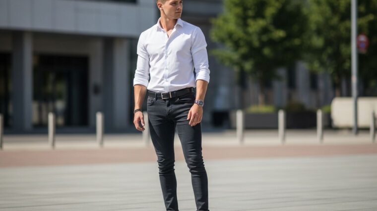 Mladý muž v bielom tričku a tmavých džínsoch stojí vonku v mestskom prostredí počas dňa