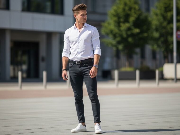 Mladý muž v bielom tričku a tmavých džínsoch stojí vonku v mestskom prostredí počas dňa