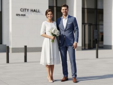 Mladý pár pred mestským úradom po civilnom sobáši, nevesta v bielej šatách, ženích v modrom obleku