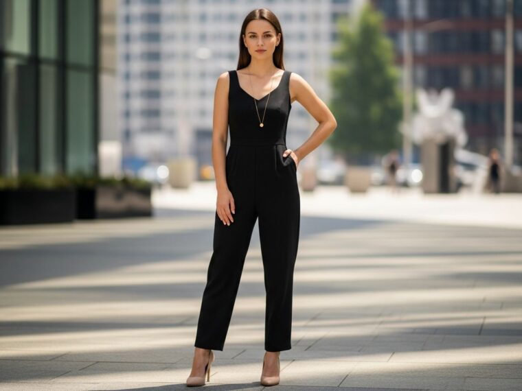 Mladá žena v čiernom overal s náhrdelníkom stojí v modernom mestskom prostredí
