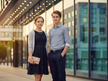 Dve mladé osoby pred moderným divadlom večer v smart casual oblečení.