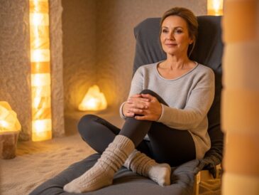 Stredoveká žena sedí v modernj soľnej jaskyni s teplým osvetlením a prírodným výrazom tváre