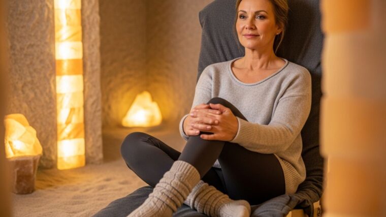 Stredoveká žena sedí v modernj soľnej jaskyni s teplým osvetlením a prírodným výrazom tváre