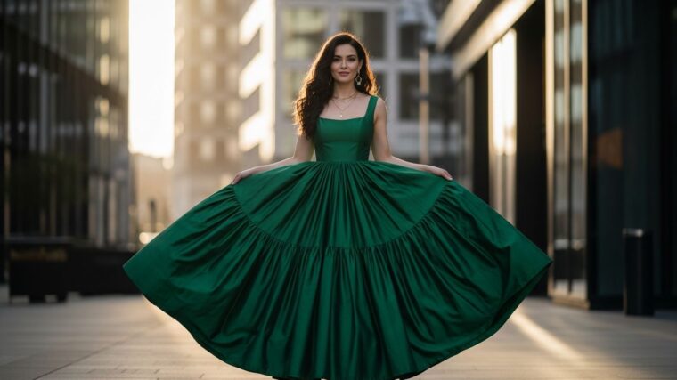 žena v plynúcej sukni stojaca sebavedomo v mestskom prostredí pri prirodzenom svetle