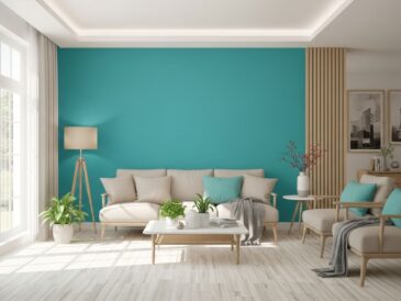 Moderná obývačka s tyrkysovou stenou, béžovou sedačkou a prírodnými drevenými doplnkami v minimalistickom štýle