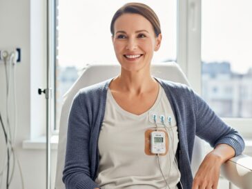 Usmievajúca sa žena s Holter EKG v modernej lekárskej miestnosti, vystavená prirodzenému svetlu.