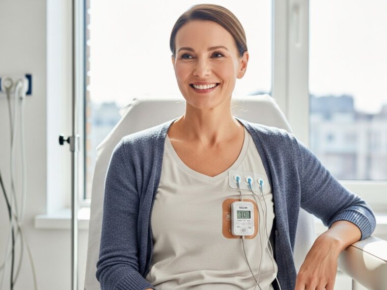 Usmievajúca sa žena s Holter EKG v modernej lekárskej miestnosti, vystavená prirodzenému svetlu.
