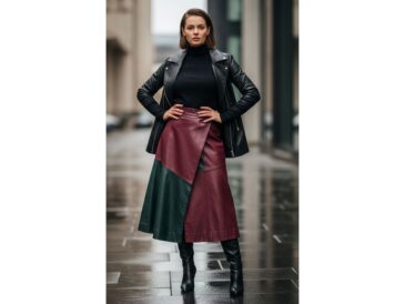 Módna žena v koženej sukni stojaca sebavedomo v mestskom prostredí s rozmazaným pozadím mesta