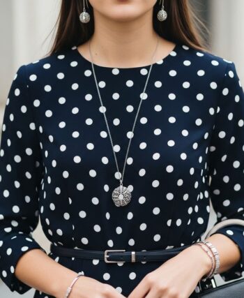 Žena v tmavomodrých šatách s bielymi bodkami, strieborné doplnky a kožený opasok, moderný módny štýl