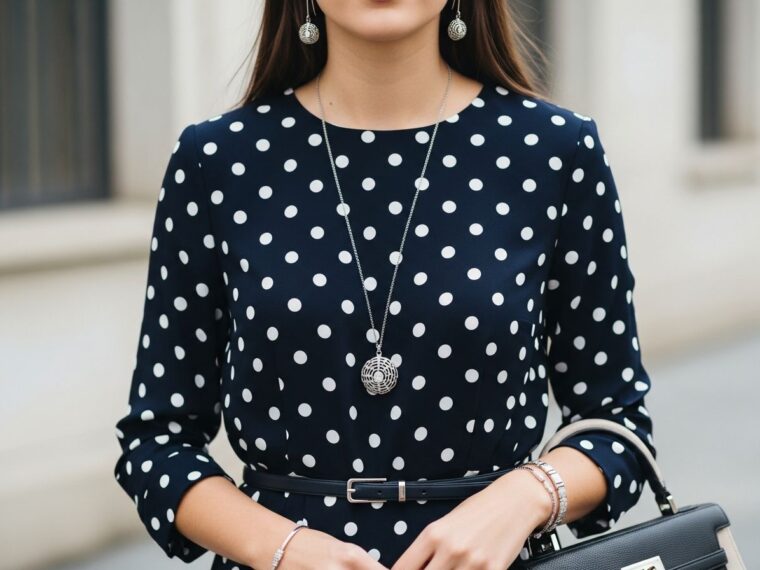 Žena v tmavomodrých šatách s bielymi bodkami, strieborné doplnky a kožený opasok, moderný módny štýl