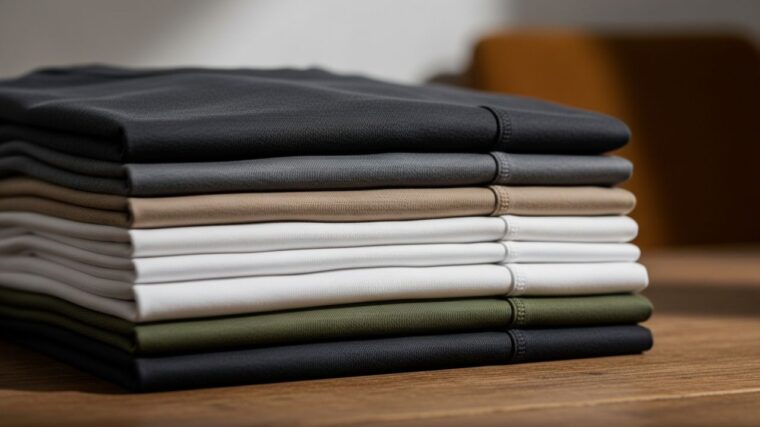 Zložená kopa tričiek v neutrálnych farbách na drevenom stole, detail švov a textúry látky.