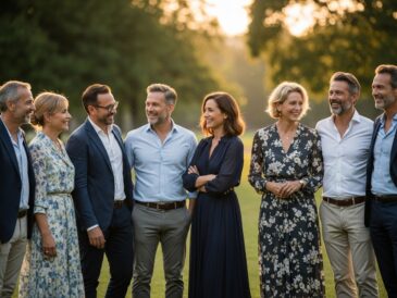 Skupina stredného veku v parku počas zlatej hodiny, usmievajúca sa a rozprávajúca sa.