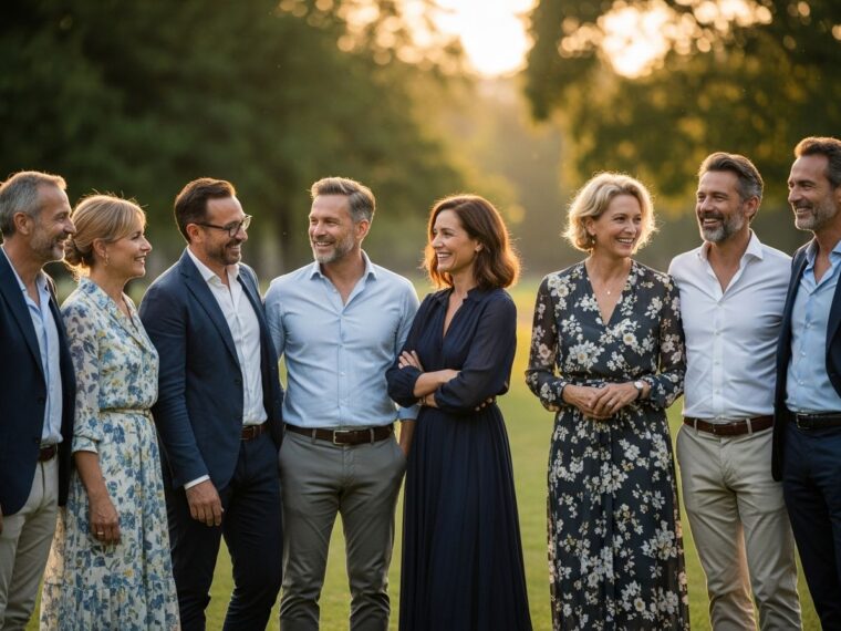 Skupina stredného veku v parku počas zlatej hodiny, usmievajúca sa a rozprávajúca sa.