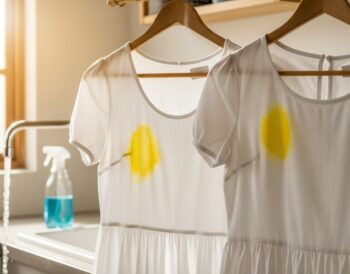 Biele bavlnené šaty s jasne žltými škvrnami visiace na drevenom vešiaku v práčovni.