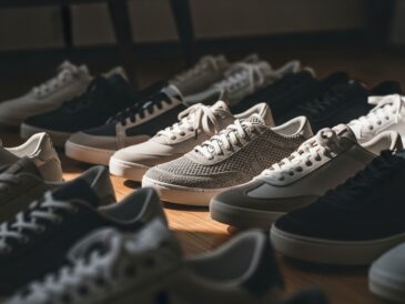 Fotorealistický záber rôznych štýlových tenisiek na drevenej podlahe pri prirodzenom svetle.