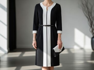 Elegantná žena v čierno-bielom šate a minimalistických doplnkoch v modernom ateliéri