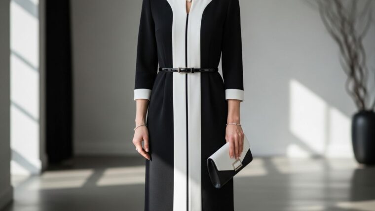 Elegantná žena v čierno-bielom šate a minimalistických doplnkoch v modernom ateliéri