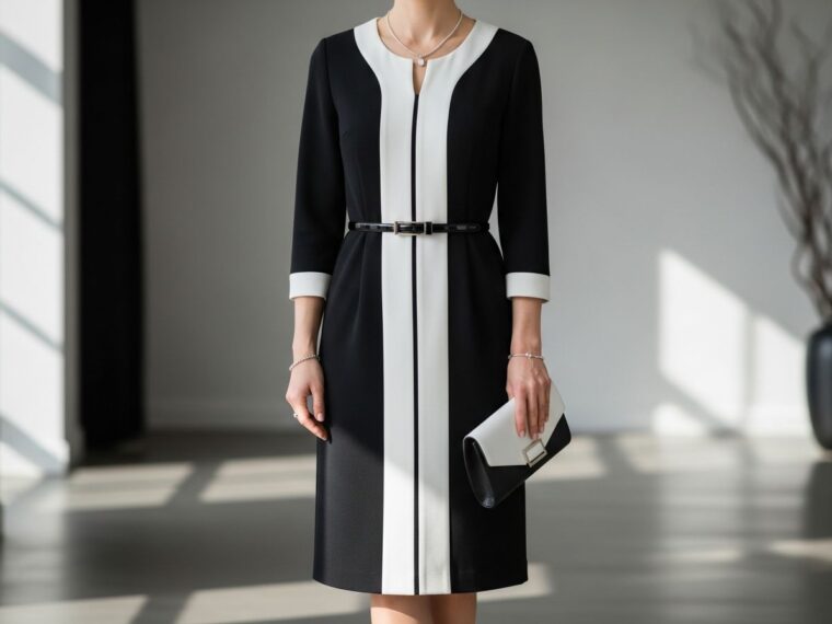 Elegantná žena v čierno-bielom šate a minimalistických doplnkoch v modernom ateliéri
