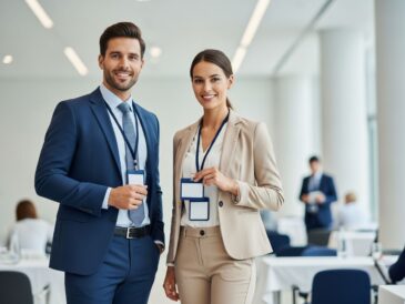 Profesionálny muž a žena na konferencii v modernom prostredí s identifikačnými kartami a obchodným oblečením