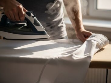 Osoba žehliaca bielu košeľu na drevenom žehliacom prkene pri dennom svetle.