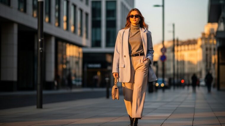 Žena v pastelovom oversized blejzri a širokých nohaviciach kráča mestom počas zlatej hodiny.