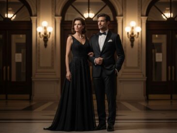 Elegantný pár pred divadlom v spoločenskom oblečení, pripravený na operu.