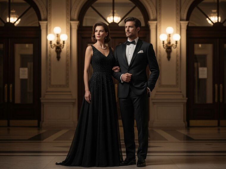Elegantný pár pred divadlom v spoločenskom oblečení, pripravený na operu.