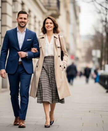 Muž a žena v elegantnom oblečení kráčajú po mestských uliciach za denného svetla.