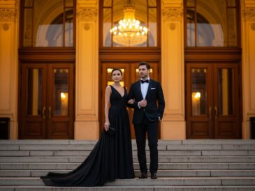 Elegantný pár v spoločenskom oblečení na schodoch opery večer pod teplým osvetlením