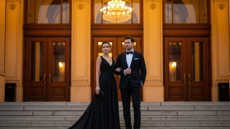 Elegantný pár v spoločenskom oblečení na schodoch opery večer pod teplým osvetlením