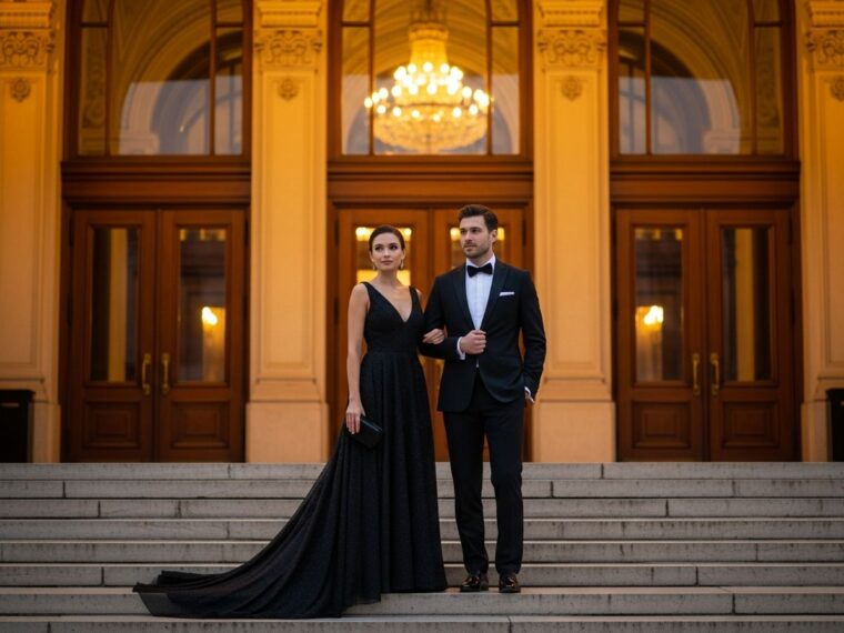 Elegantný pár v spoločenskom oblečení na schodoch opery večer pod teplým osvetlením